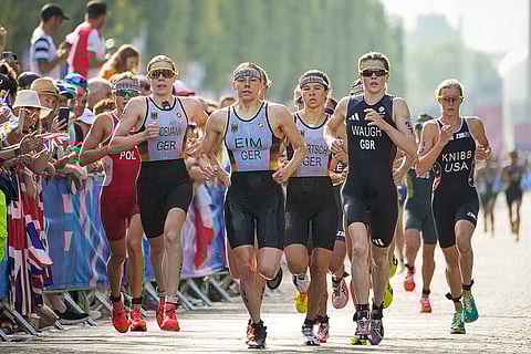 Athletes compete during the women's individual triathlon